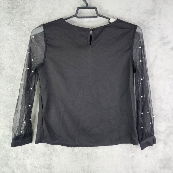 Women's Black Blouse Top With Sheer Pearl-Embellished Sleeves Round Neck S - Picture 7 of 10